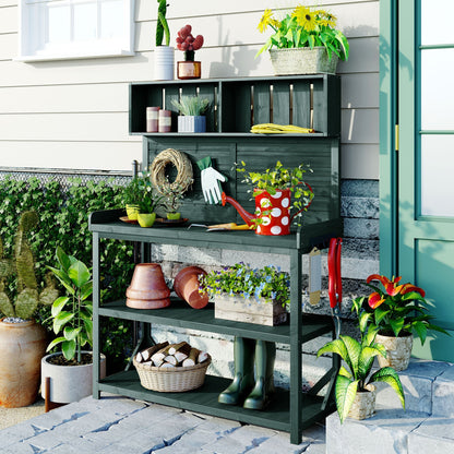 TOPMAX 65" Large Wooden Farmhouse Rustic Outdoor Potting Bench Table, dark wood, HouseOfZazla on Tampa Home & Garden Store
