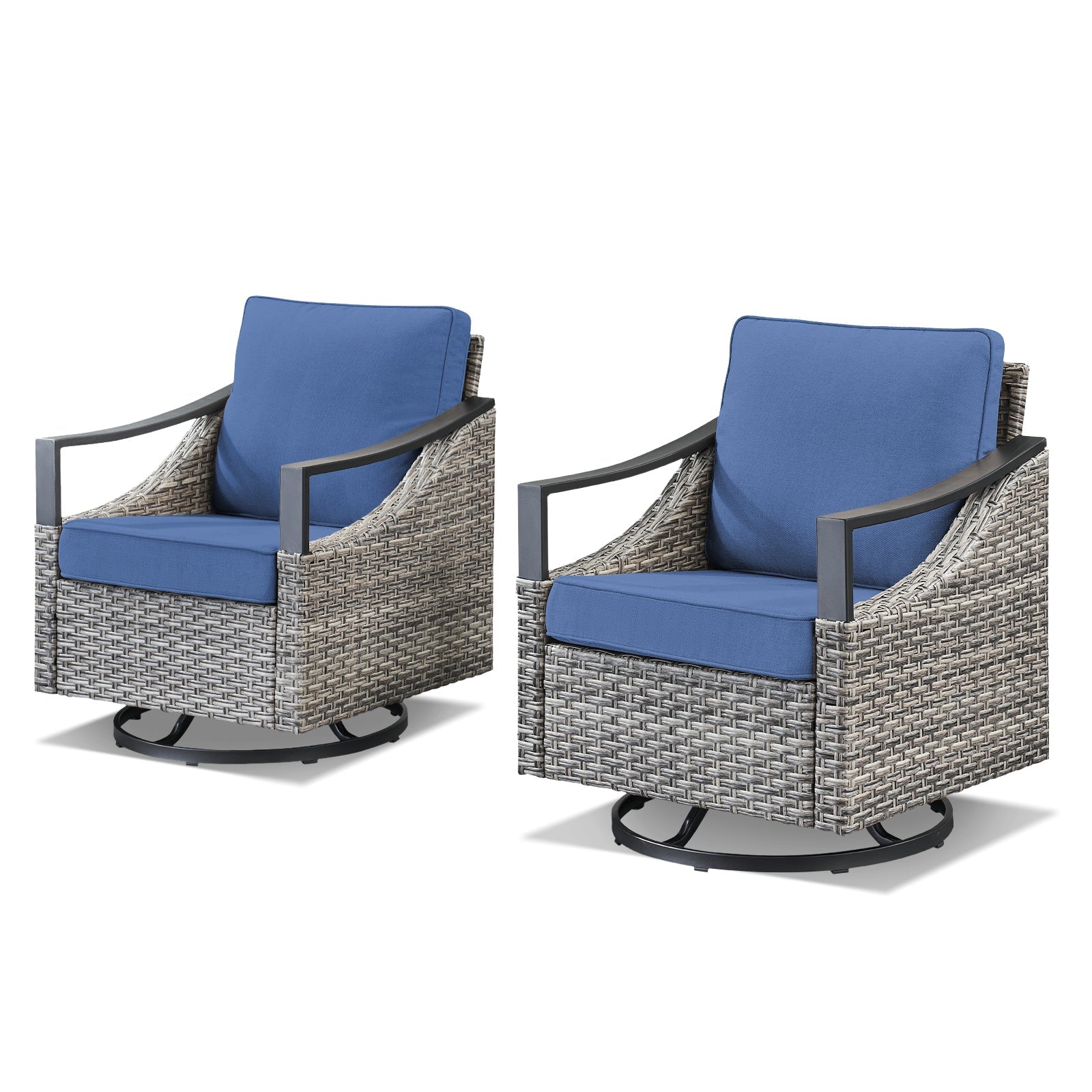 Outdoor swivel rocking glider chairs set of 2 in gray wicker with blue cushions on Tampa Home & Garden Store