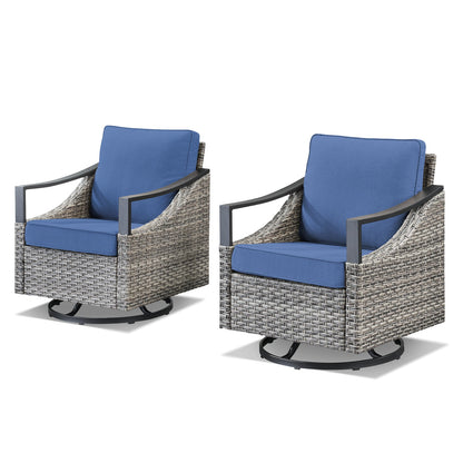 Outdoor swivel rocking glider chairs set of 2 in gray wicker with blue cushions on Tampa Home & Garden Store