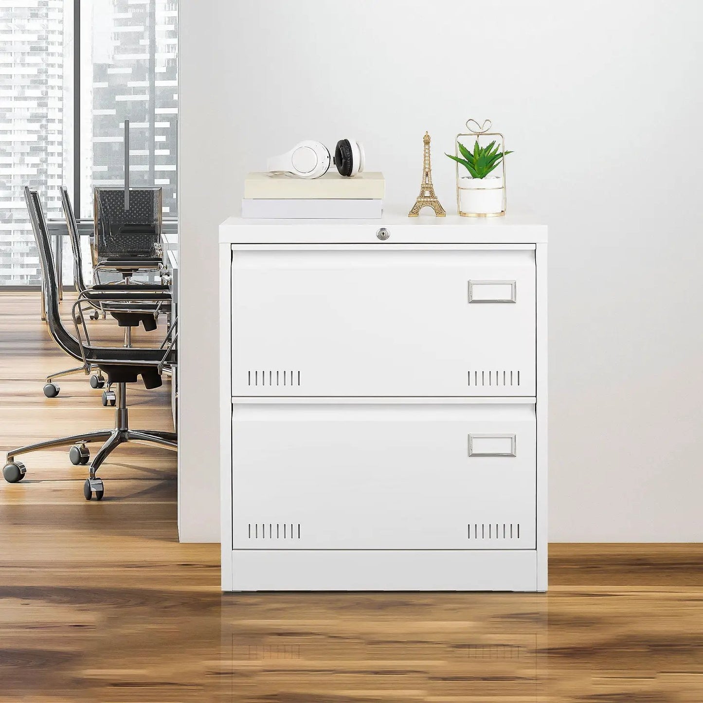 White 3-drawer locking filing cabinet with vented drawers in a modern office on Tampa Home & Garden Store