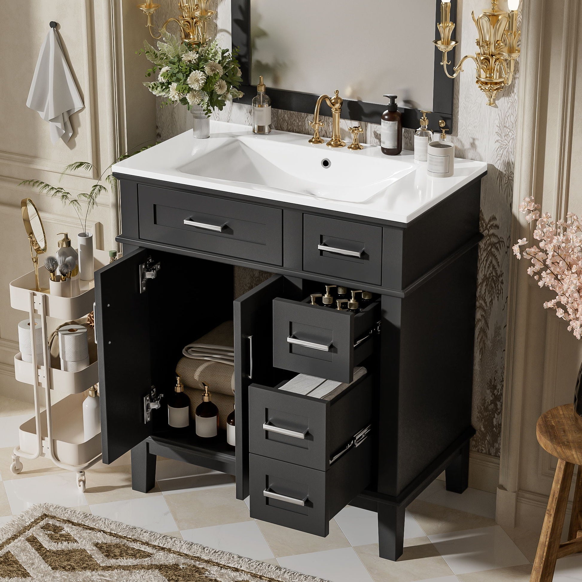 Modern bathroom vanity with sink, deep and standard drawers, soft-close doors, dark charcoal cabinet on Tampa Home & Garden Store