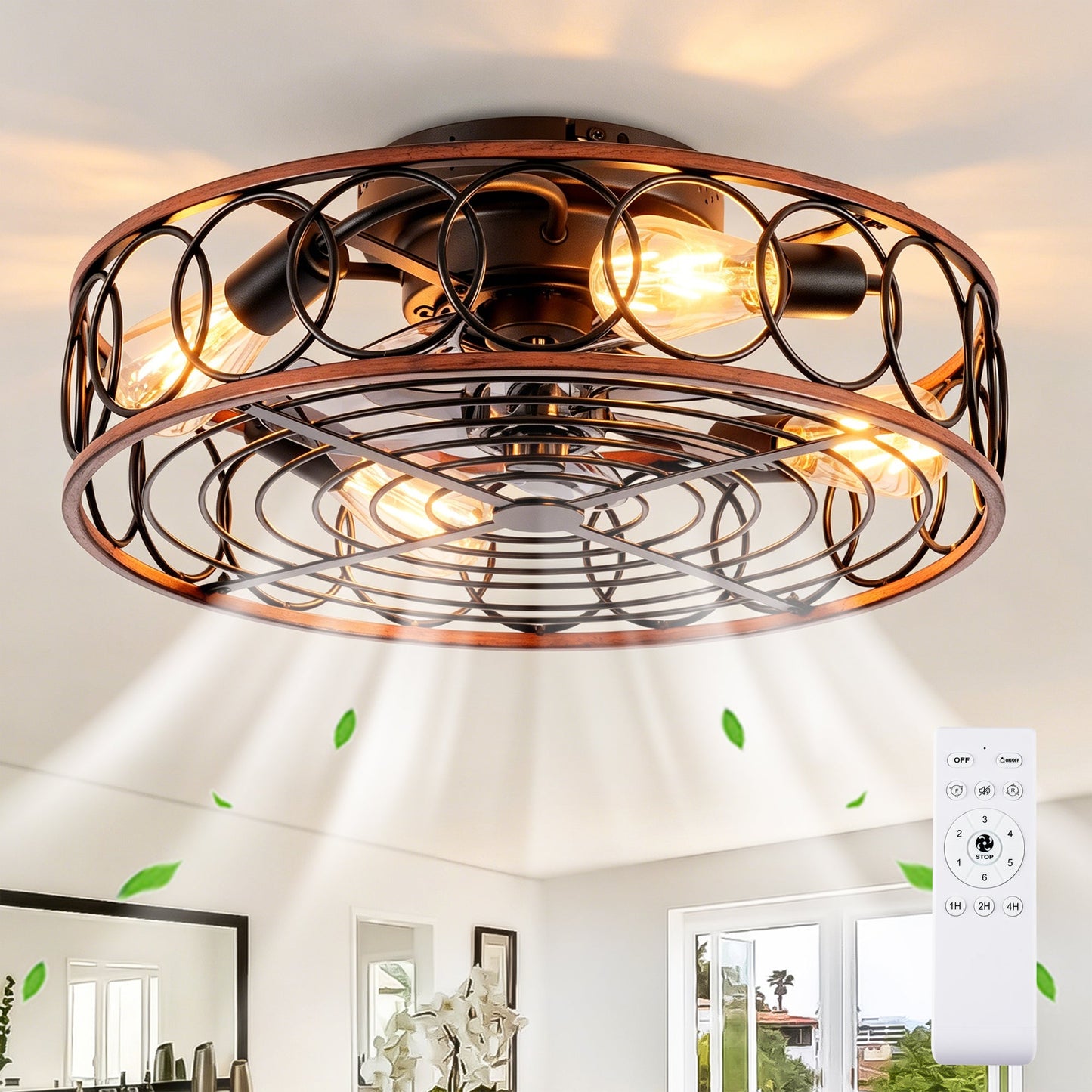 20 inch caged ceiling fan with lights and remote; copper ring cage and black spirals on Tampa Home & Garden Store