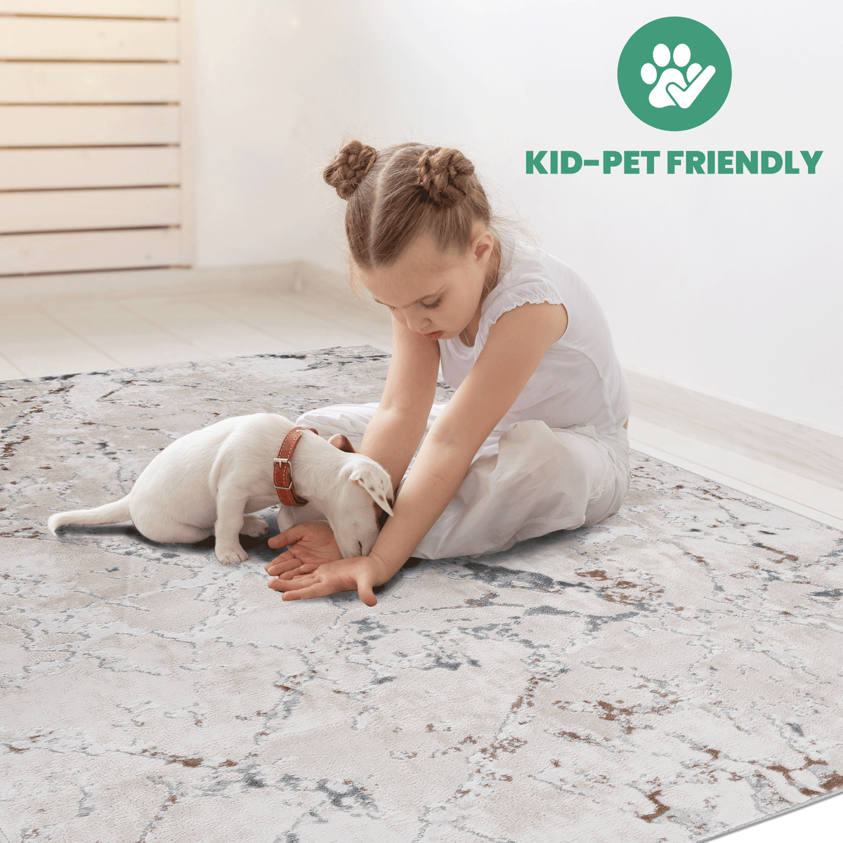 Marfi polyester rug, beige patterned rug with kid-pet friendly design, girl and puppy on Tampa Home & Garden Store