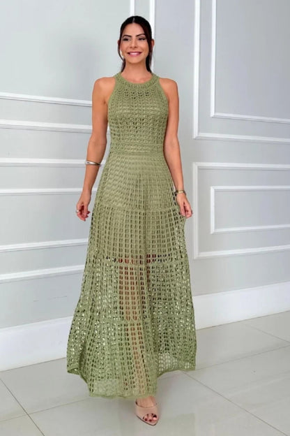 Long sleeveless cutout maxi dress in olive green with open-knit crochet Stevvex on Tampa Home & Garden Store