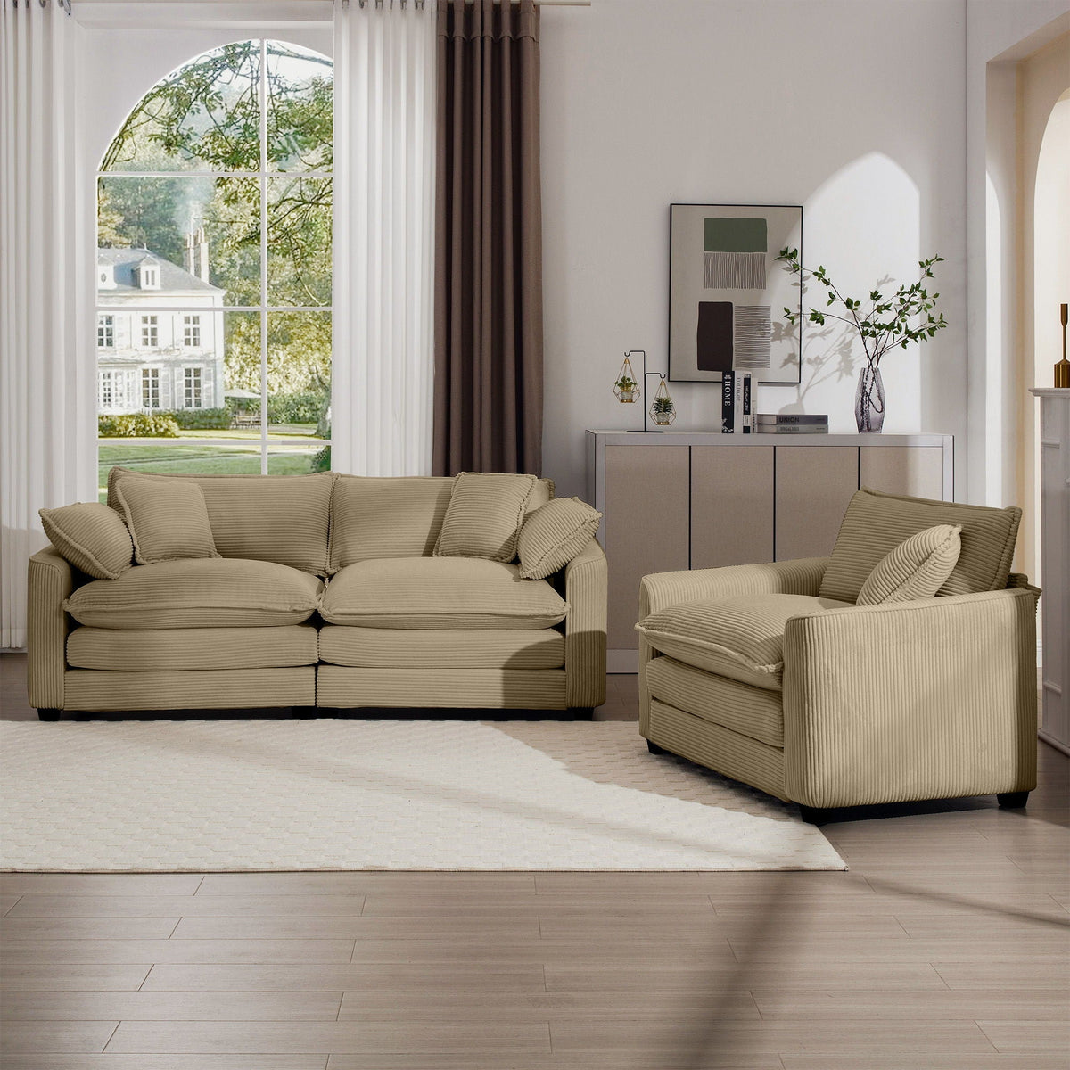 Elegant oversized beige sectional sofa set with deep seats and ottoman, 3-piece set on Tampa Home & Garden Store