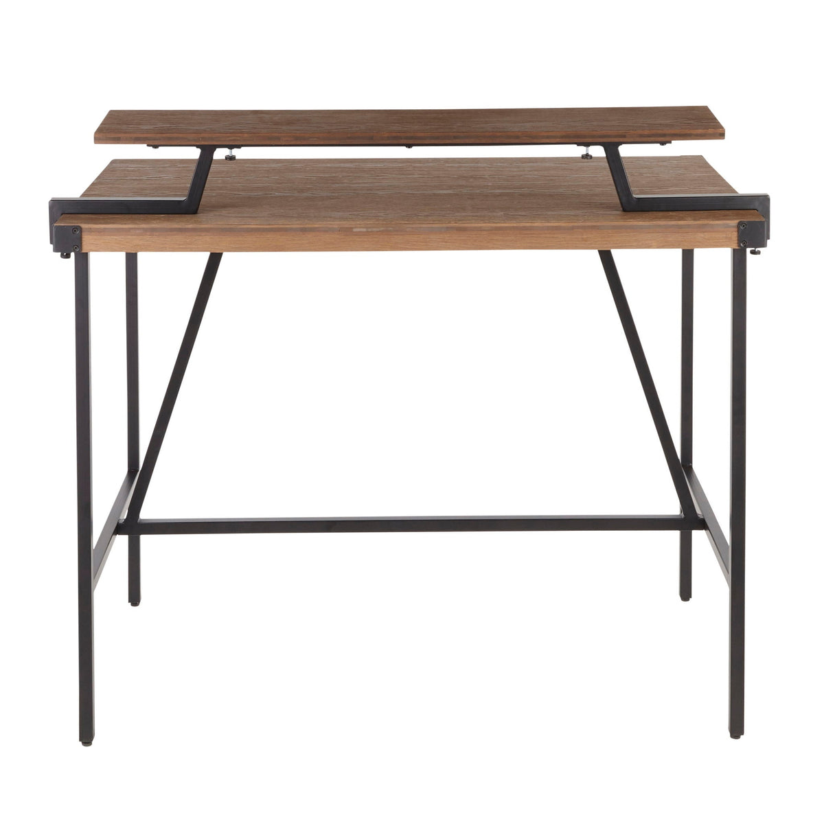 Industrial counter table with black metal frame and two-tier dark brown wood surfaces on Tampa Home & Garden Store