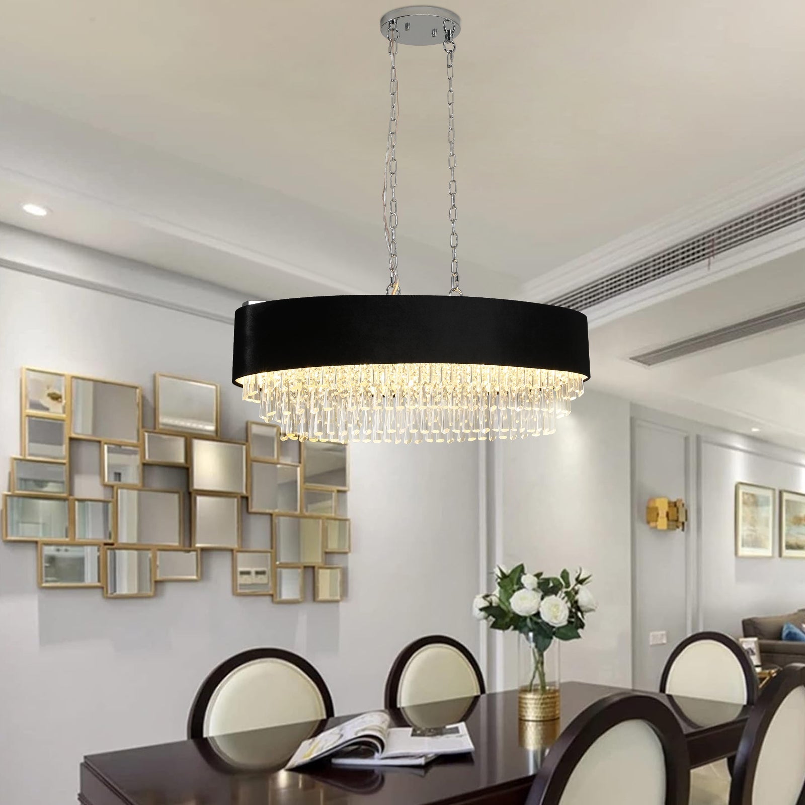 Chandelier 39' Modern Crystal with Black Imitation Velvet Shade by HouseOfZazla, crystal fringe on Tampa Home & Garden Store