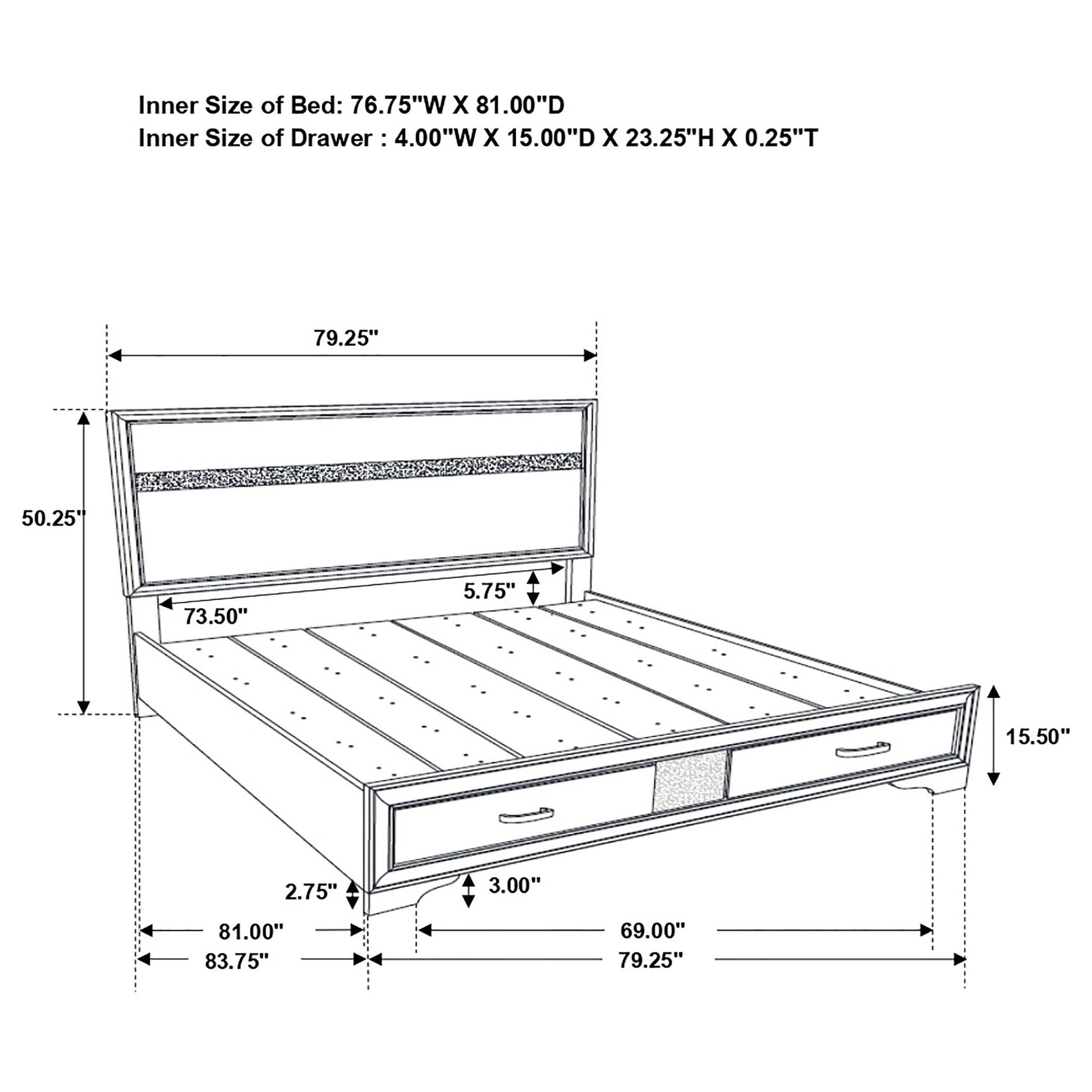 Corbin Glittering Bedroom Set 4-piece bed frame with glittering headboard and drawers blueprint on Tampa Home & Garden Store