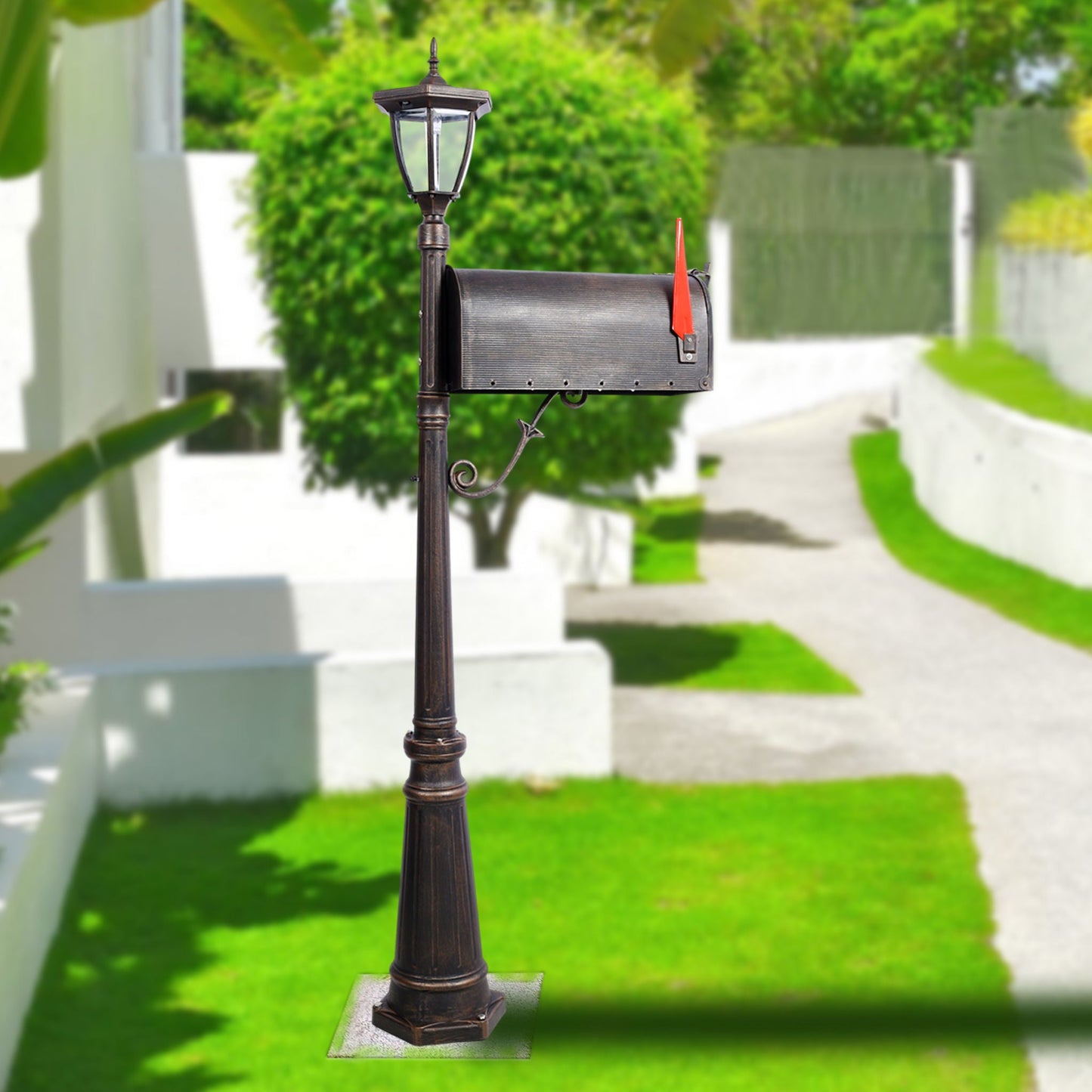 Stratford heavy-duty cast aluminum mailbox with post and solar light, brown, fluted base on Tampa Home & Garden Store