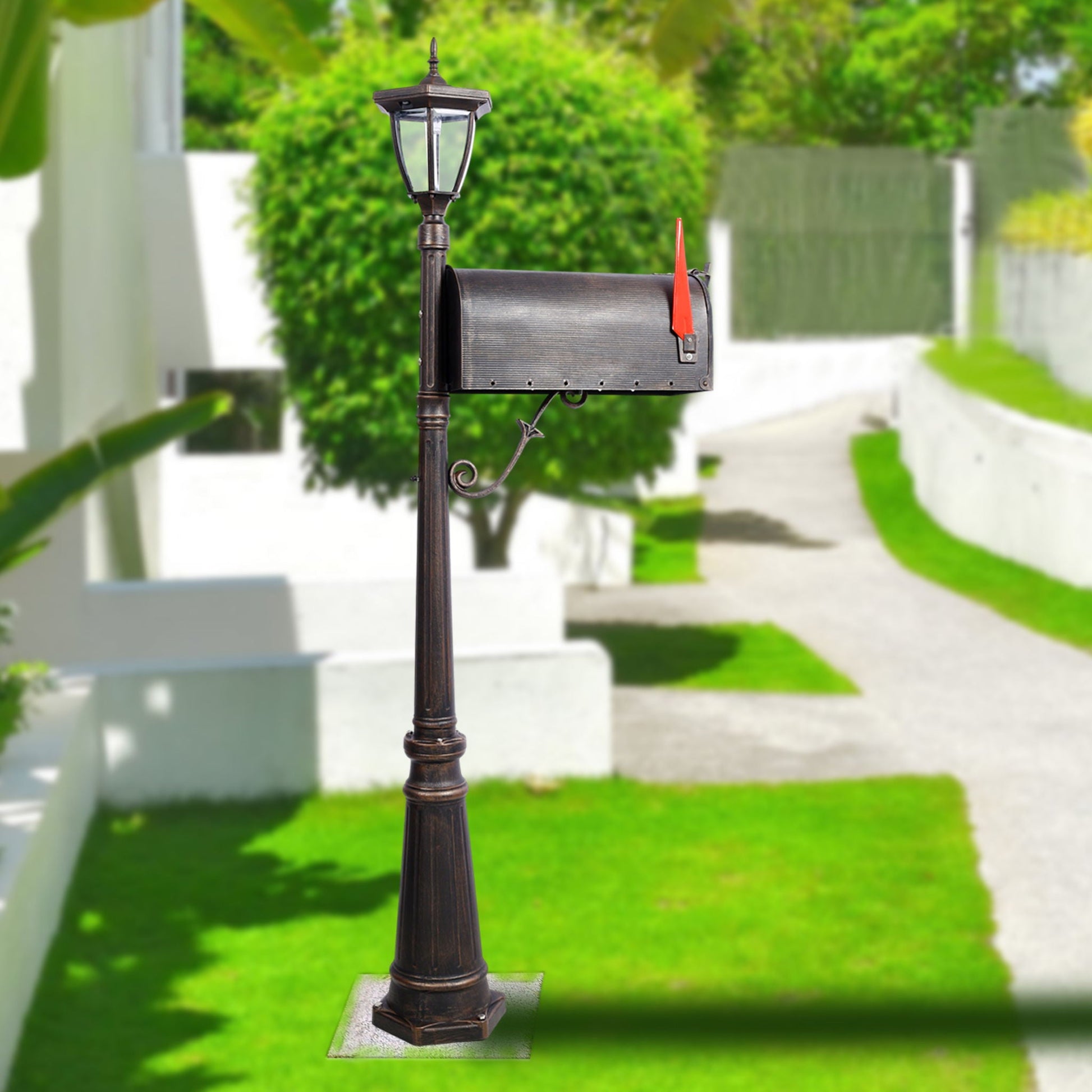 Stratford heavy-duty cast aluminum mailbox with post and solar light, brown, fluted base on Tampa Home & Garden Store