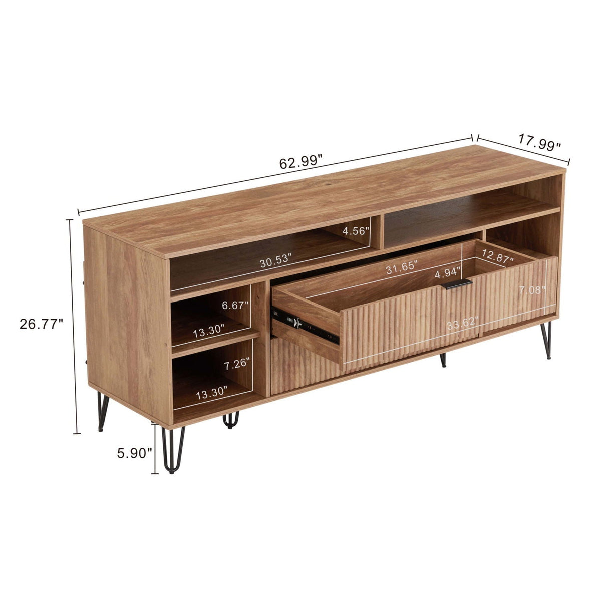 Fluted TV Stand with Storage and Metal Legs in wood finish by HouseOfZazla with shelves on Tampa Home & Garden Store