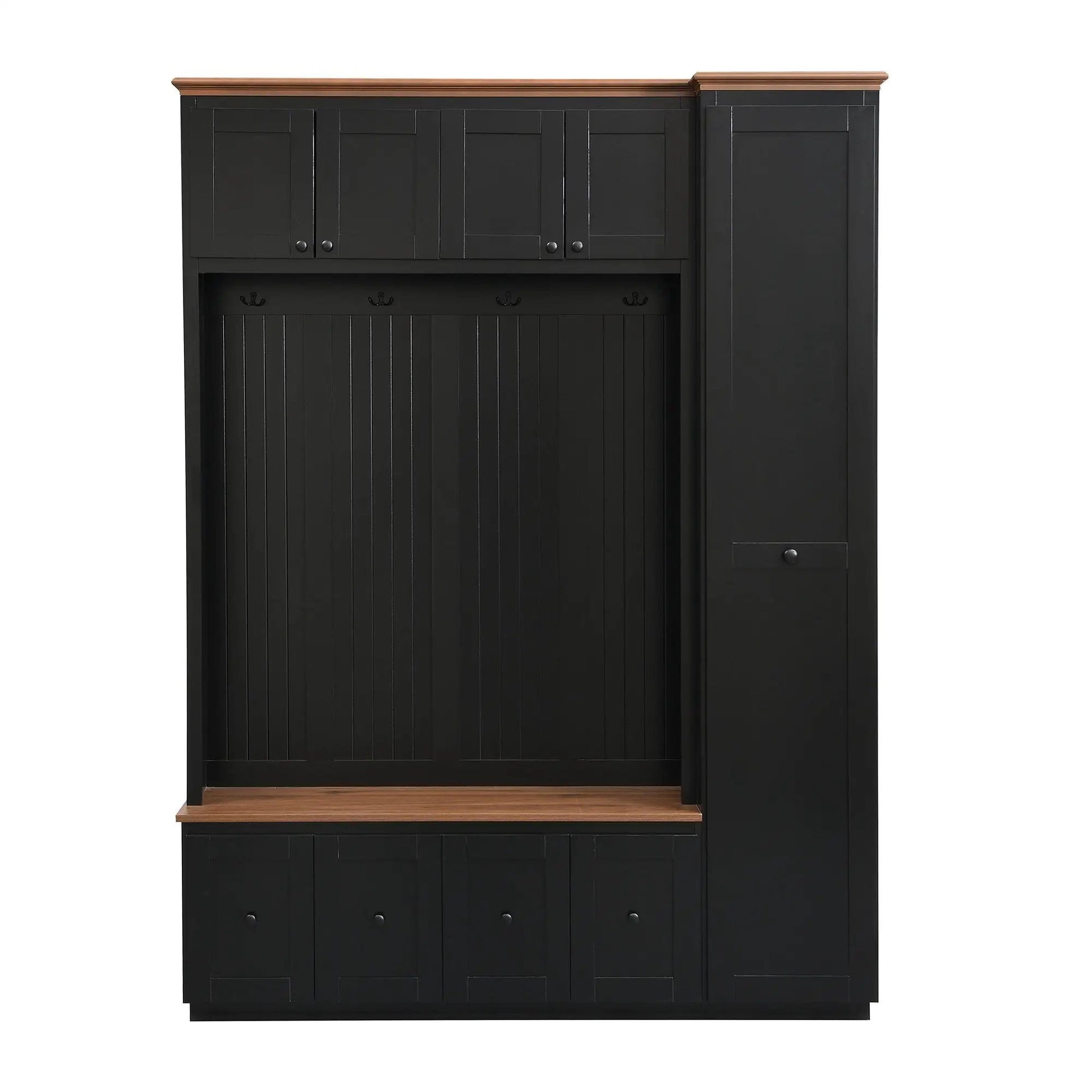 Black hall tree with coat hooks, storage bench and cabinets, wood top; Unique Piece Furniture on Tampa Home & Garden Store