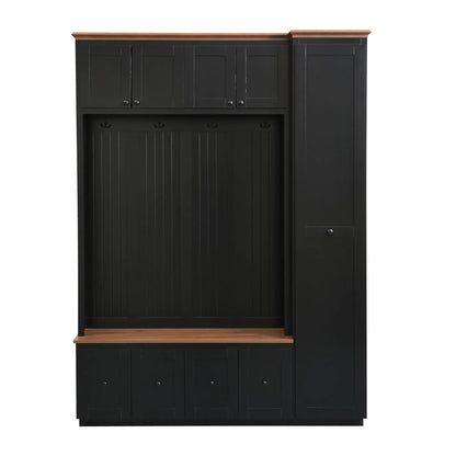 Black hall tree with coat hooks, storage bench and cabinets, wood top; Unique Piece Furniture on Tampa Home & Garden Store