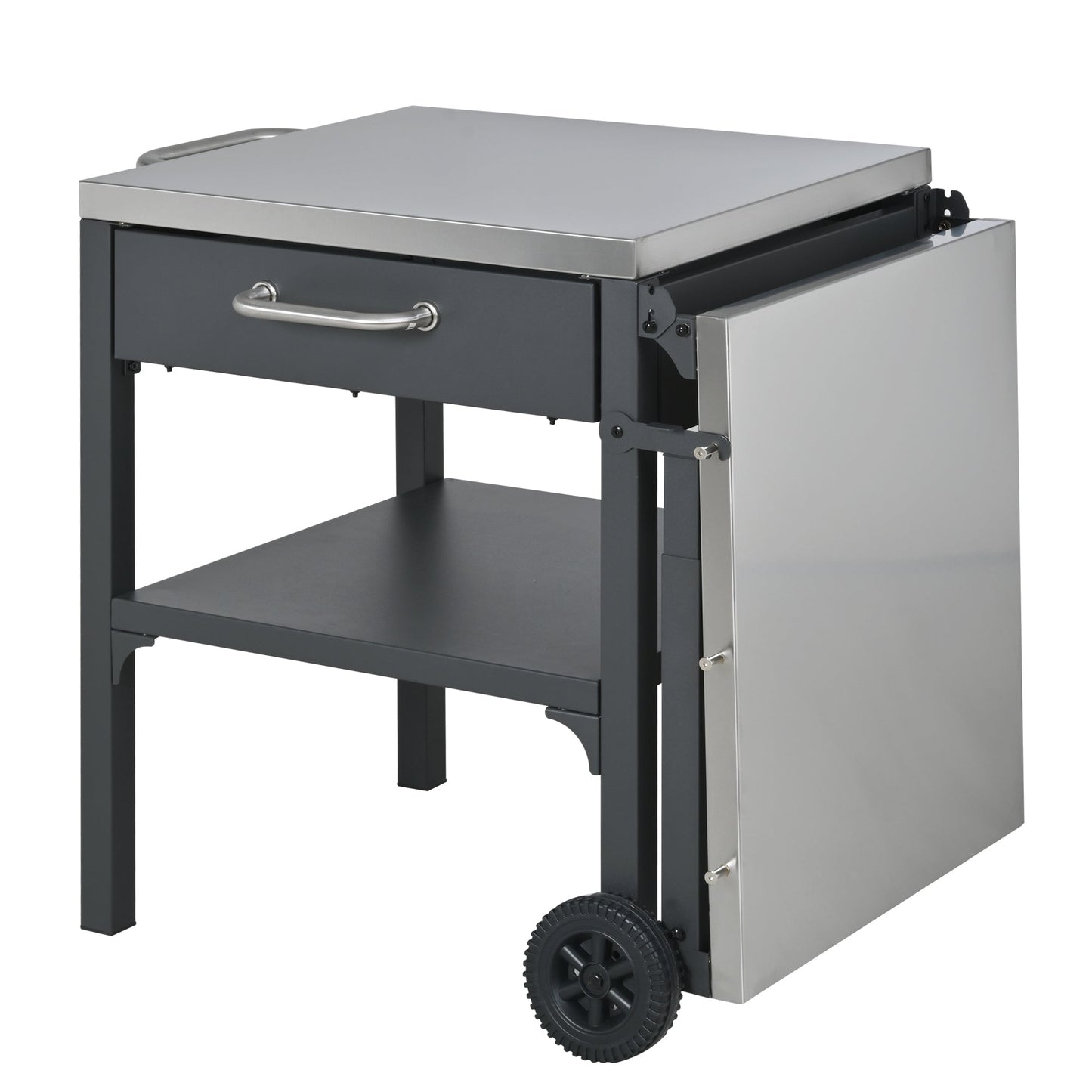 Outdoor kitchen cart foldable prep station with stainless top, dark gray frame, drawer wheels on Tampa Home & Garden Store