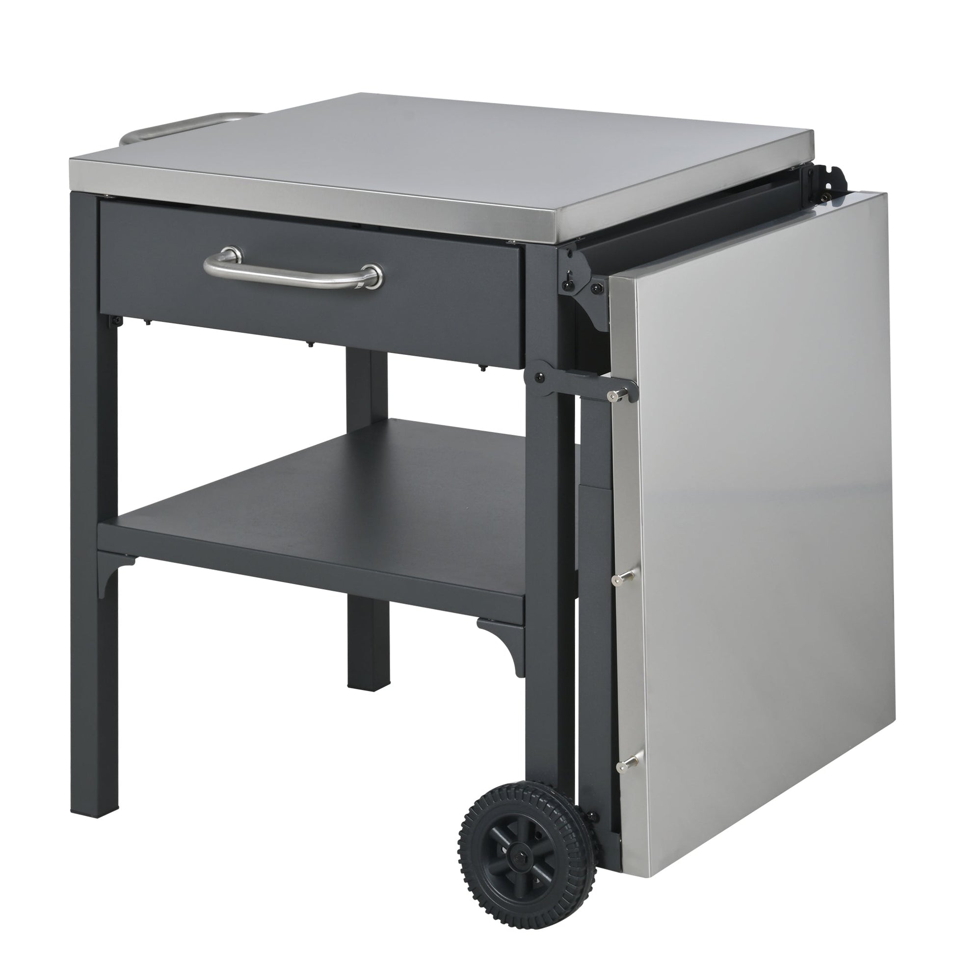 Outdoor kitchen cart foldable prep station with stainless top, dark gray frame, drawer wheels on Tampa Home & Garden Store