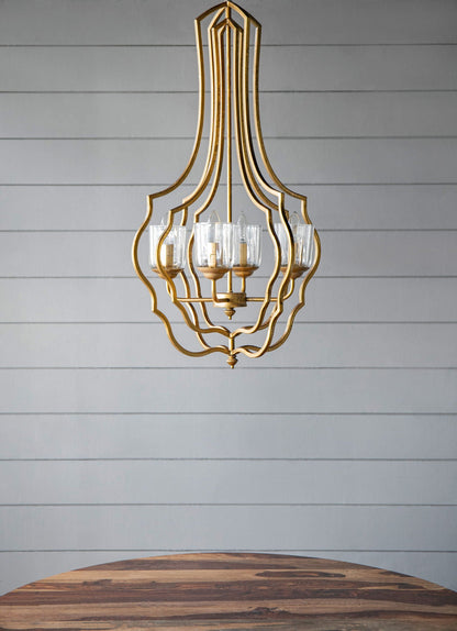 4-light gold metal chandelier with curved open-frame and glass cup holders, adjustable chain on Tampa Home & Garden Store