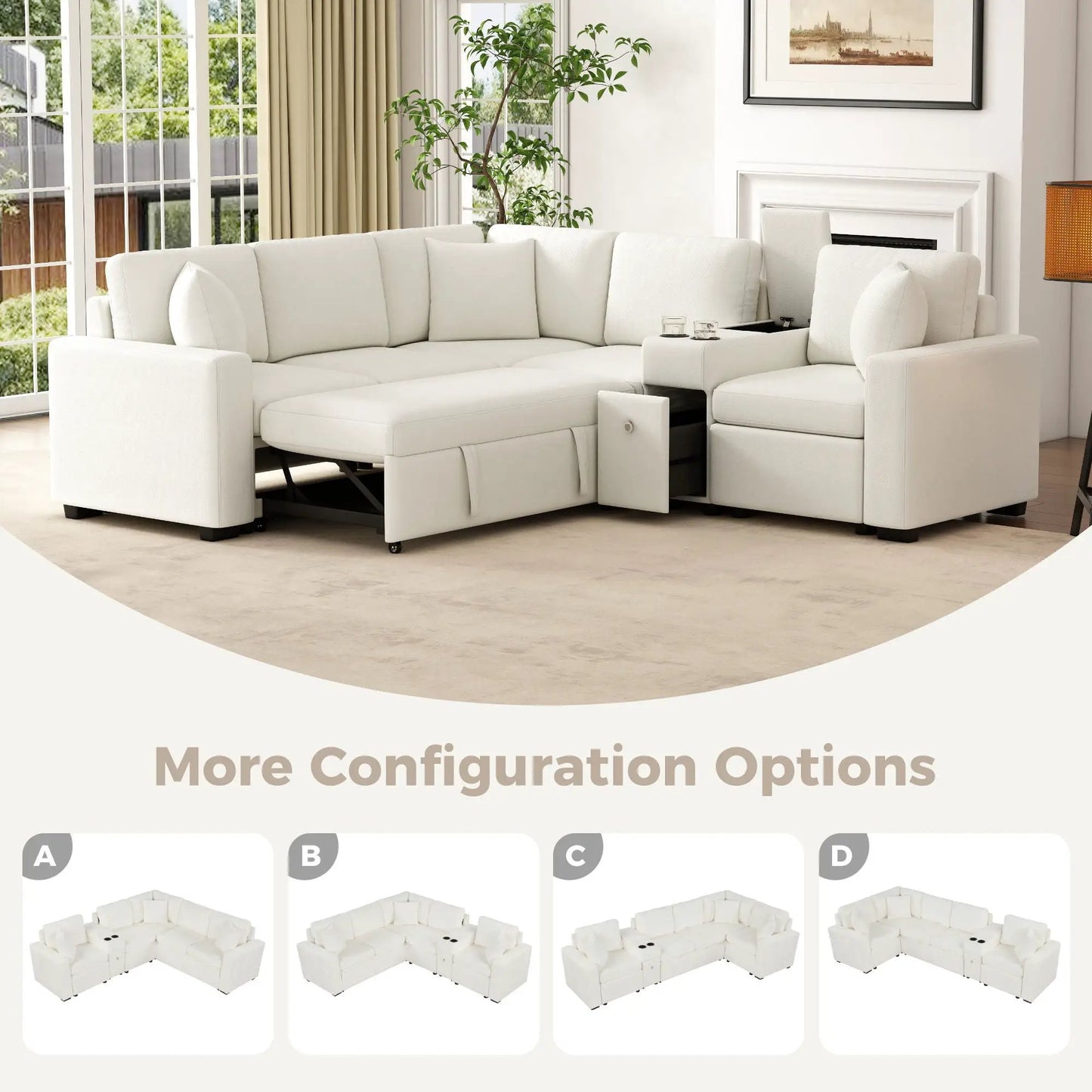 White modular L-shaped sleeper sectional with pull-out sleeper, storage and cup holders in a living room on Tampa Home & Garden Store