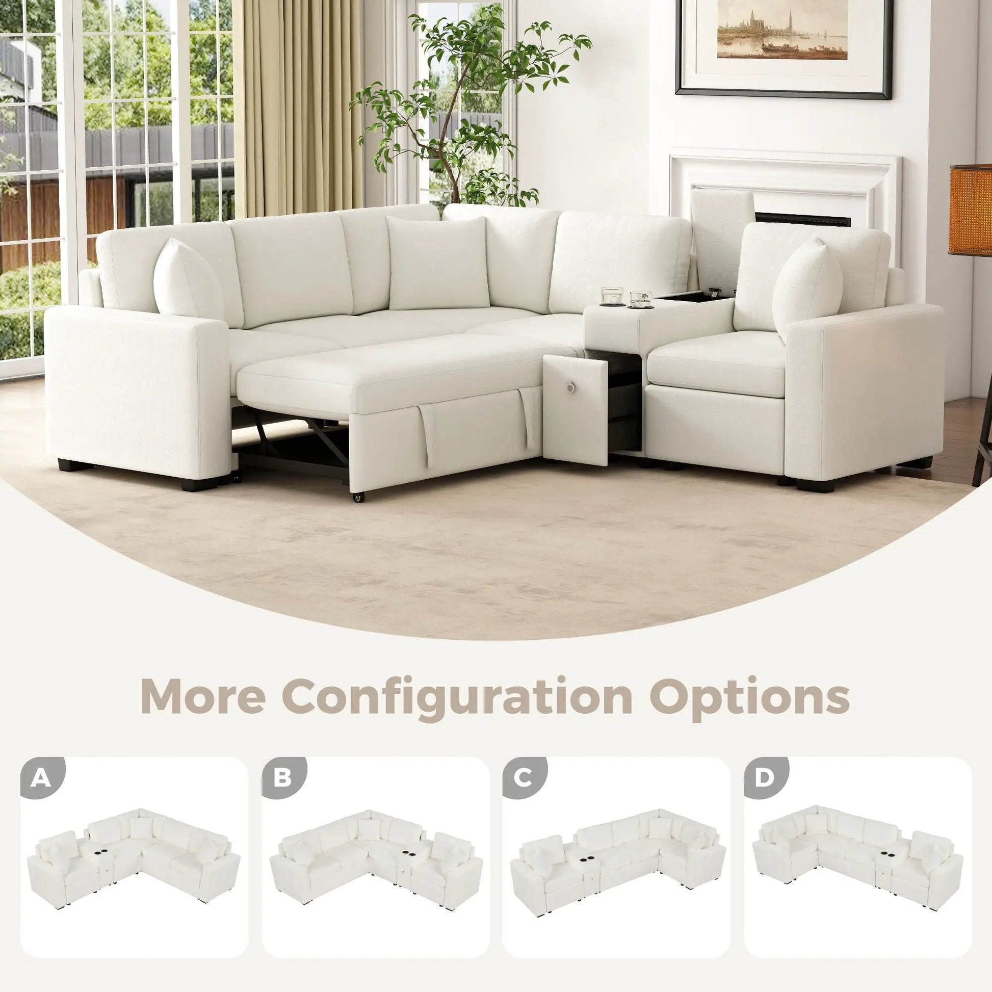 White modular L-shaped sleeper sectional with pull-out sleeper, storage and cup holders in a living room on Tampa Home & Garden Store