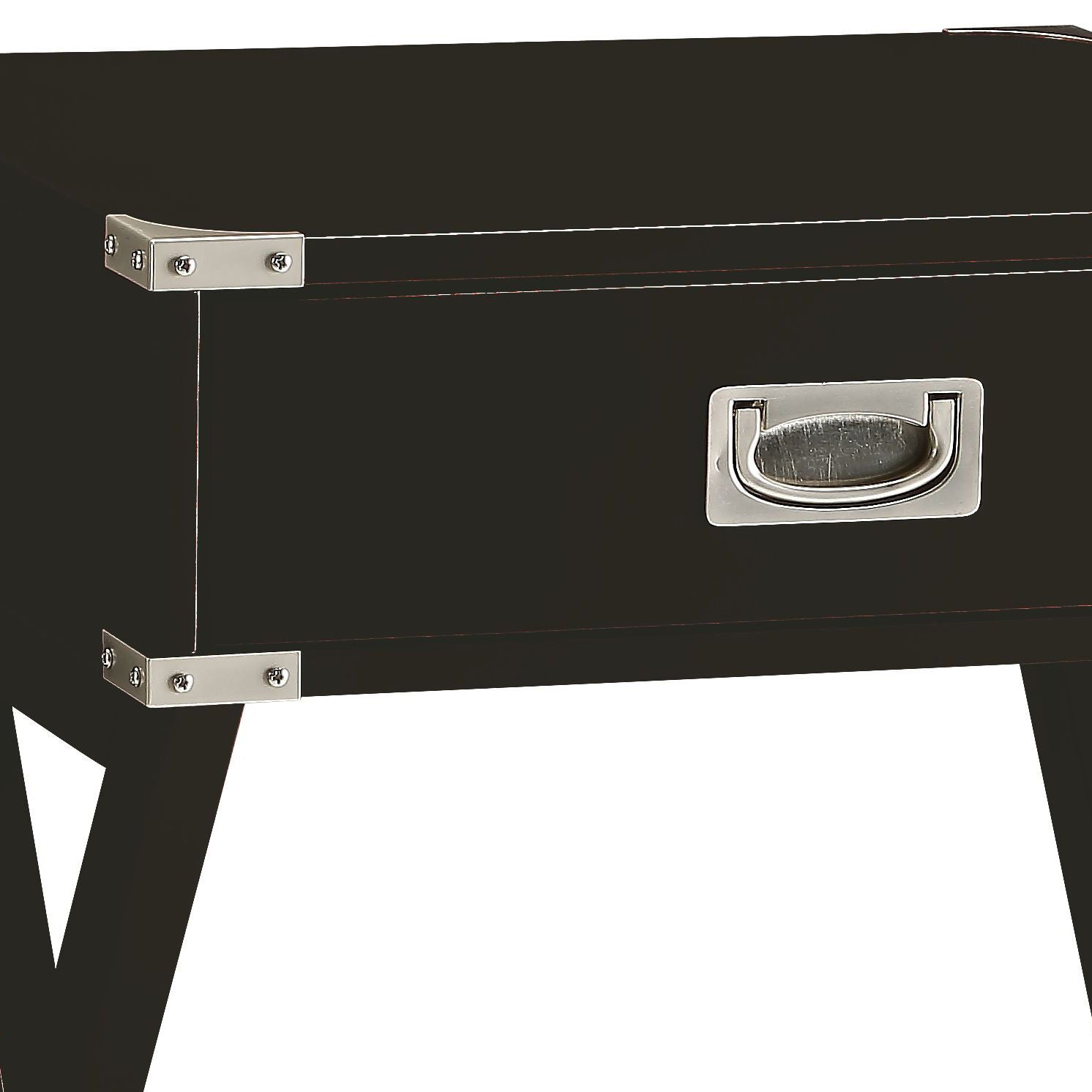 Babs Accent Table black finish with silver drawer pull and metal corner brackets on Tampa Home & Garden Store