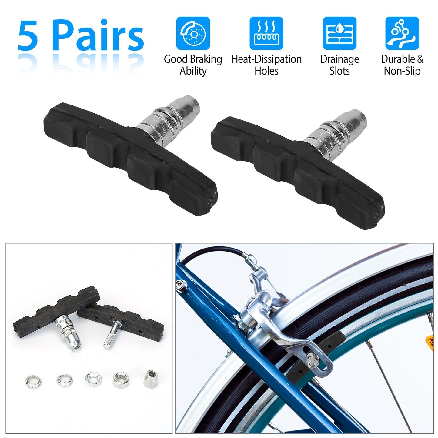 GemGear V-Brake Pads 5 Pairs 70mm black non-slip with hex nuts and spacers for bicycles on Tampa Home & Garden Store