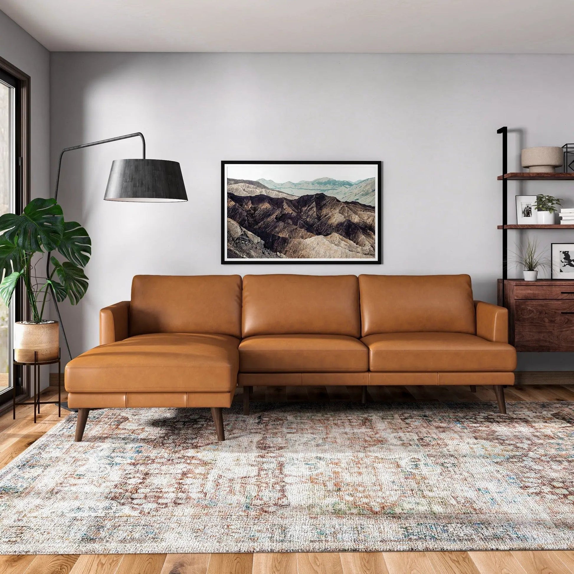 Lore - High Quality L-Shaped Sectional by Unique Piece Furniture in tan leather with wooden legs on Tampa Home & Garden Store