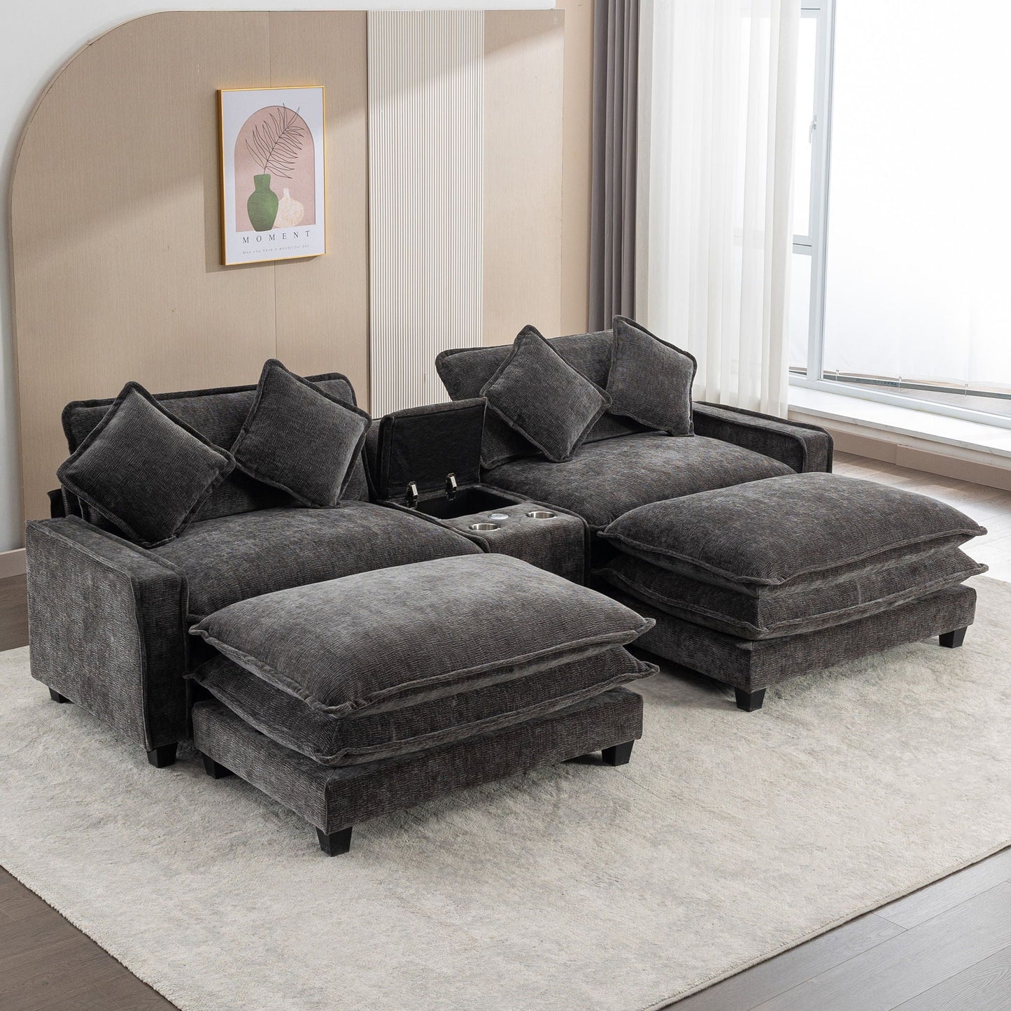 Modern Sectional Sofa With Removable Ottomans, USB Ports in dark gray fabric by HouseOfZazla on Tampa Home & Garden Store