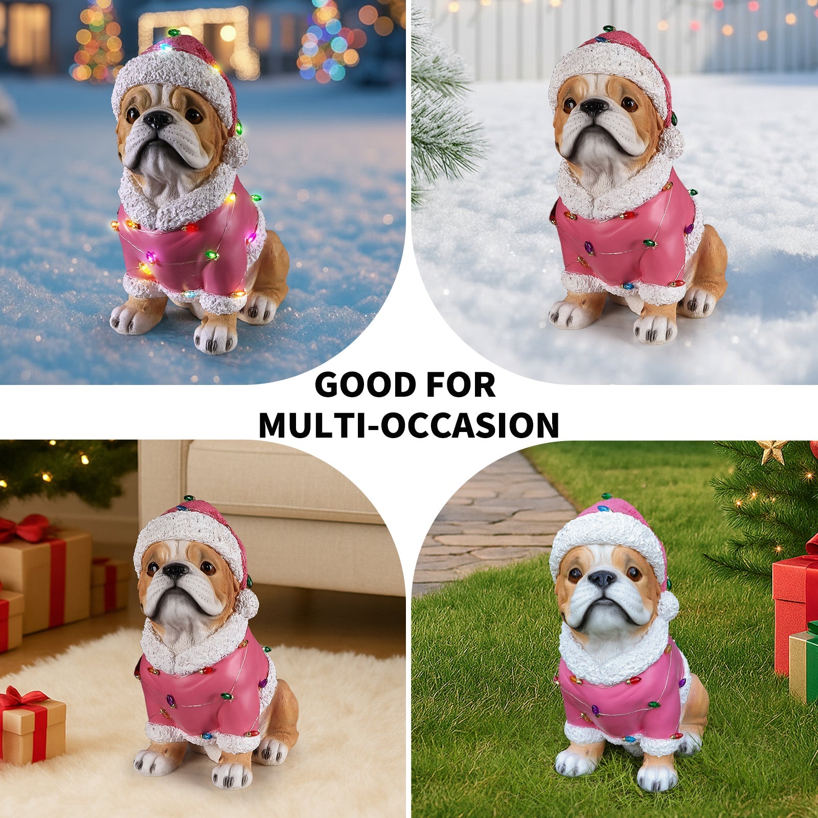 Christmas Pug Statue by HouseOfZazla, pink coat with white trim and colorful lights, 4-panel collage on Tampa Home & Garden Store