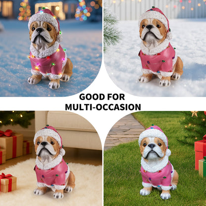 Christmas Pug Statue by HouseOfZazla, pink coat with white trim and colorful lights, 4-panel collage on Tampa Home & Garden Store