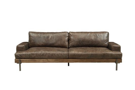 Silchester Sofa by HouseOfZazla, brown distressed leather two-seater with wood base and metal legs on Tampa Home & Garden Store