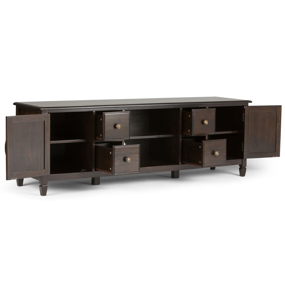 Sturdy solid wood TV stand with wide storage, dark espresso finish, multiple drawers on Tampa Home & Garden Store