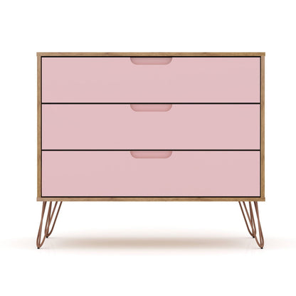 Rockefeller 3 Drawer Dresser with pink drawers, natural wood frame, splayed legs on Tampa Home & Garden Store