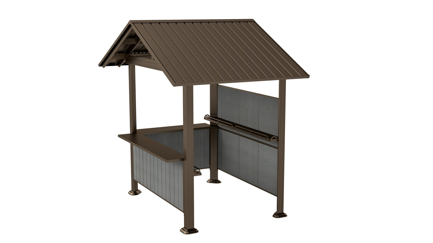 Brown hardtop grill gazebo with storage shelves and resin shade panels for outdoor use on Tampa Home & Garden Store