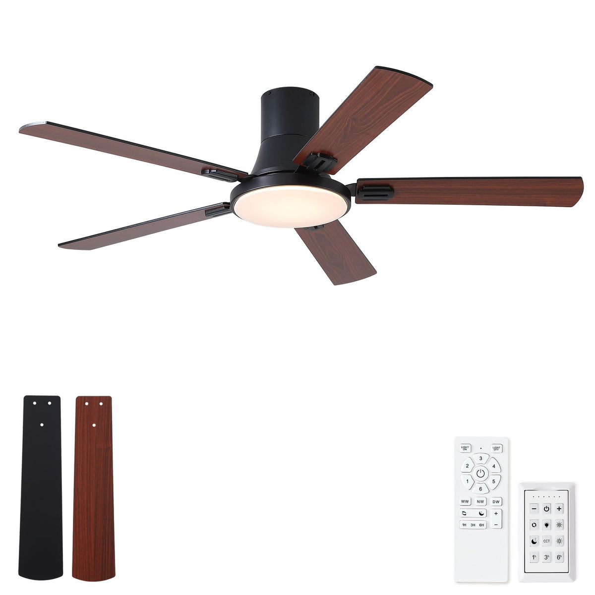 Flush mount ceiling fan with LED light and remote, black motor housing, five wood blades on Tampa Home & Garden Store