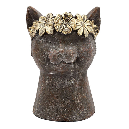 Cat statue planter magnesium with textured dark bronze finish gold flower crown HouseOfZazla on Tampa Home & Garden Store