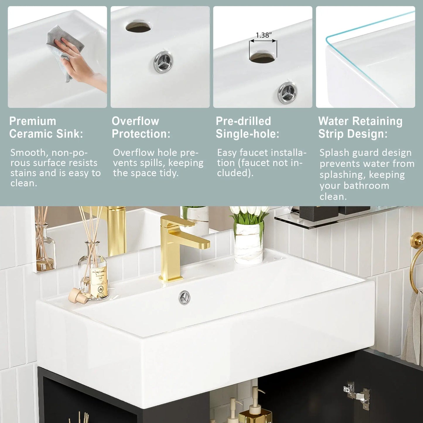 Bathroom vanity with single ceramic sink, white glossy cabinet, gold faucet accents on Tampa Home & Garden Store