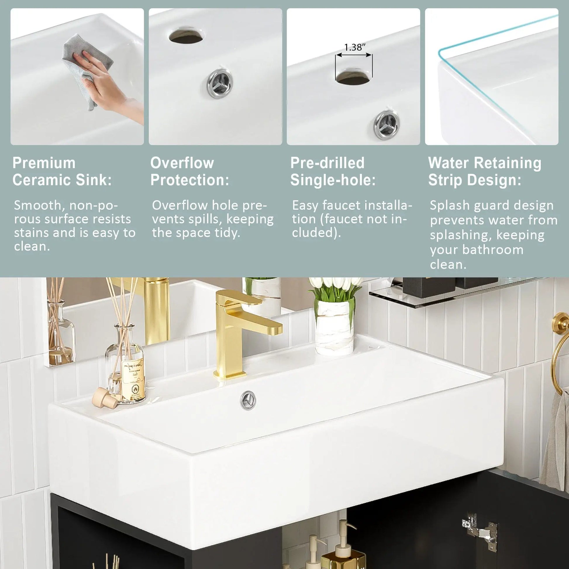 Bathroom vanity with single ceramic sink, white glossy cabinet, gold faucet accents on Tampa Home & Garden Store