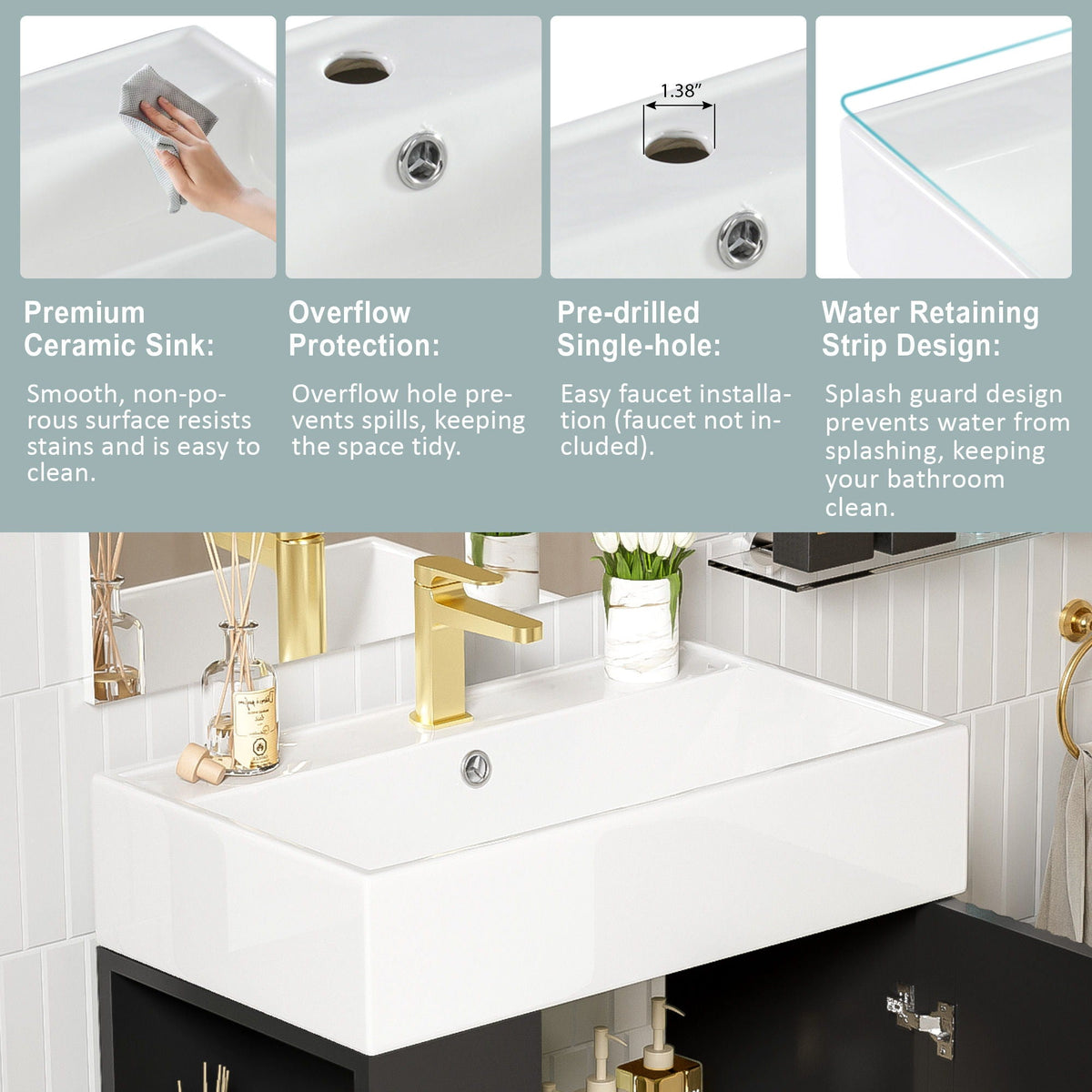 Bathroom vanity with single ceramic sink, white gloss top and gold faucet on Tampa Home & Garden Store