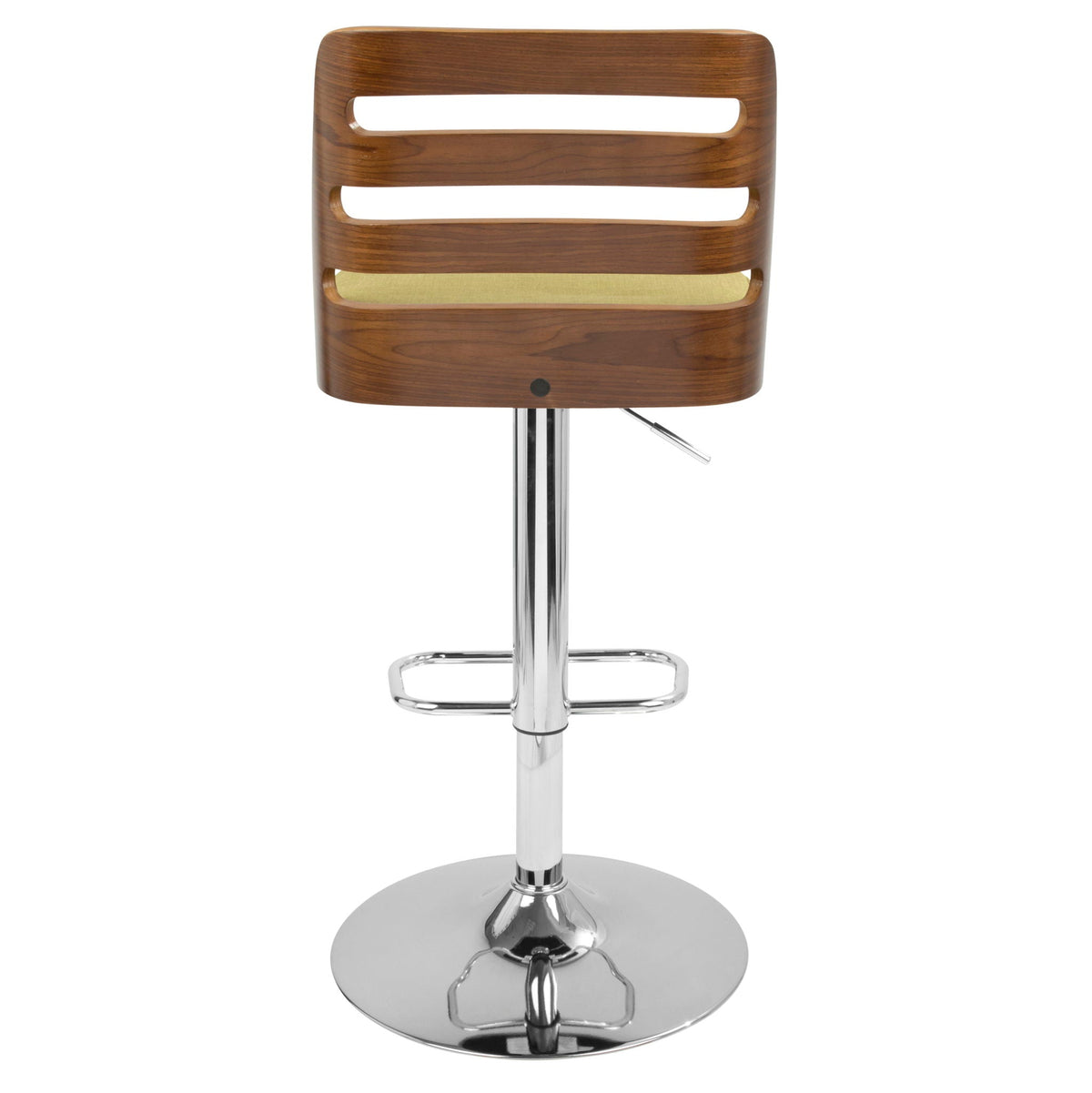 Mid-Century Modern adjustable barstool with swivel, green seat and slatted wood back on Tampa Home & Garden Store