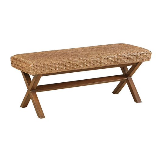Bench with water hyacinth seat in brown on a wooden frame, accent bench on Tampa Home & Garden Store