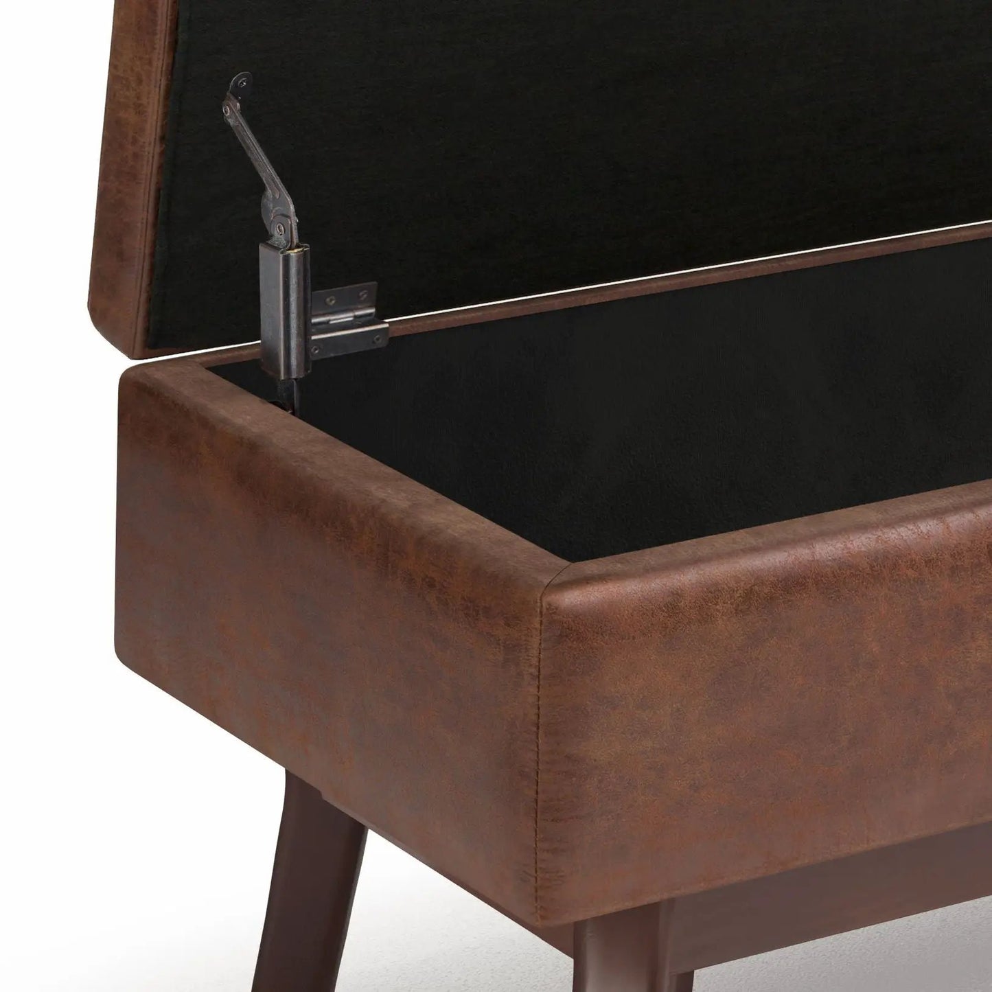 Owen upholstered rectangular storage ottoman brown faux leather with black interior and metal hinge on Tampa Home & Garden Store