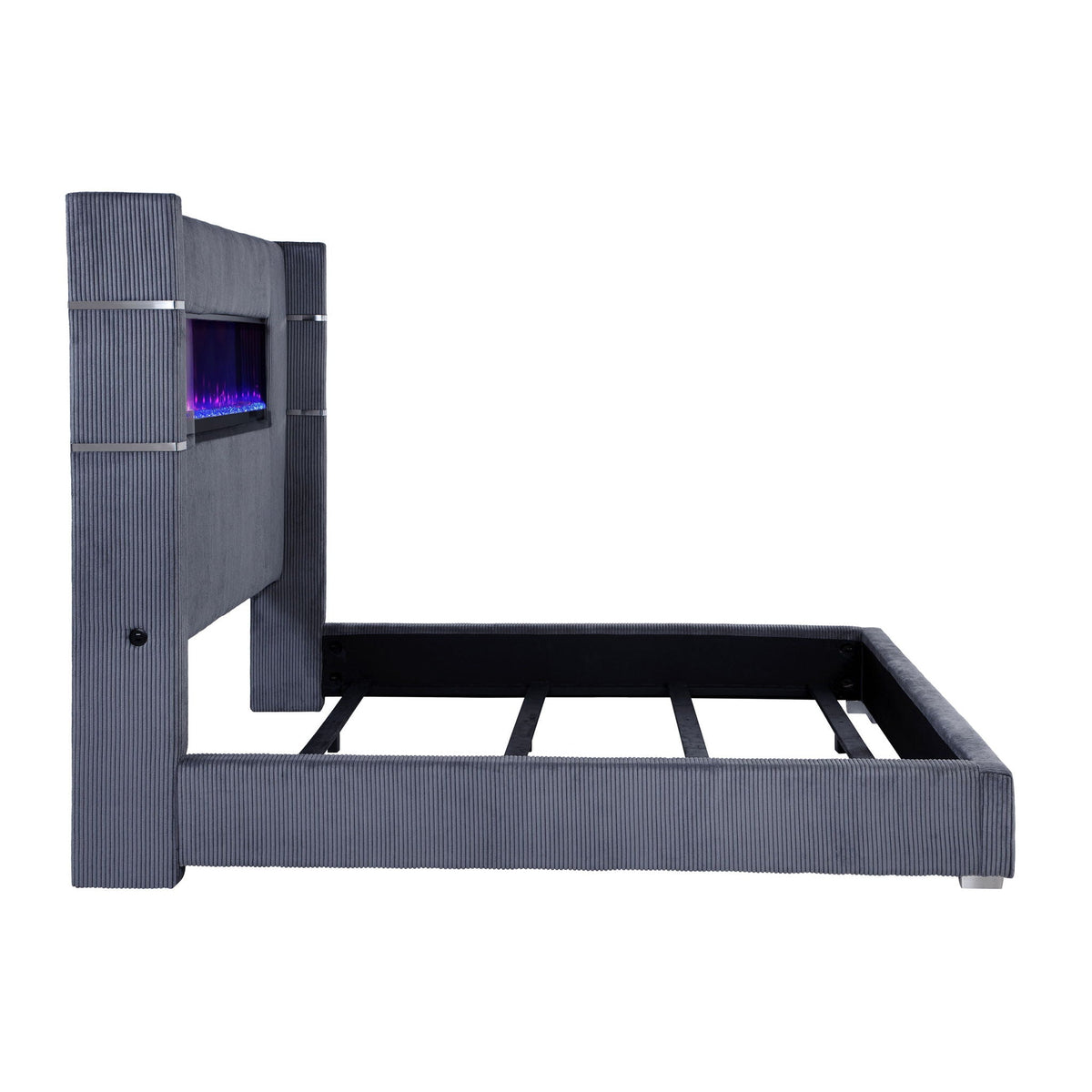 Judah Flame Visualizer Bed, blue-gray upholstered frame with ribbed panels by HouseOfZazla on Tampa Home & Garden Store