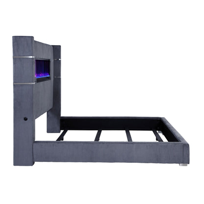 Judah Flame Visualizer Bed, blue-gray upholstered frame with ribbed panels by HouseOfZazla on Tampa Home & Garden Store
