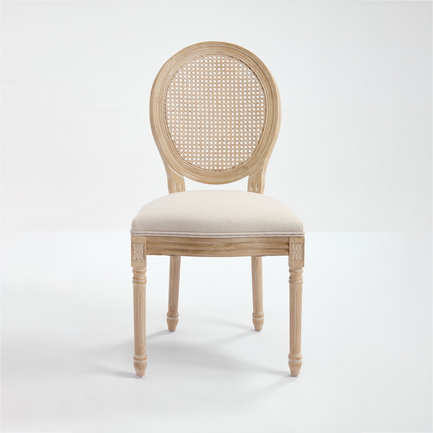Dining chair with rattan back, French country style, wood frame and beige upholstered seat on Tampa Home & Garden Store