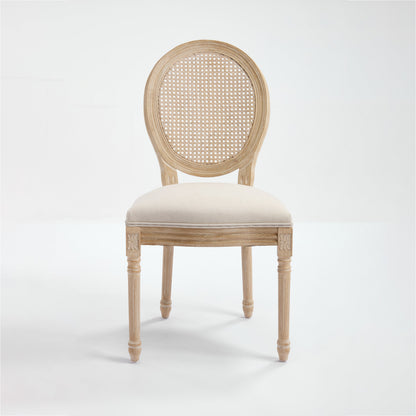 Dining chair with rattan back, French country style, wood frame and beige upholstered seat on Tampa Home & Garden Store