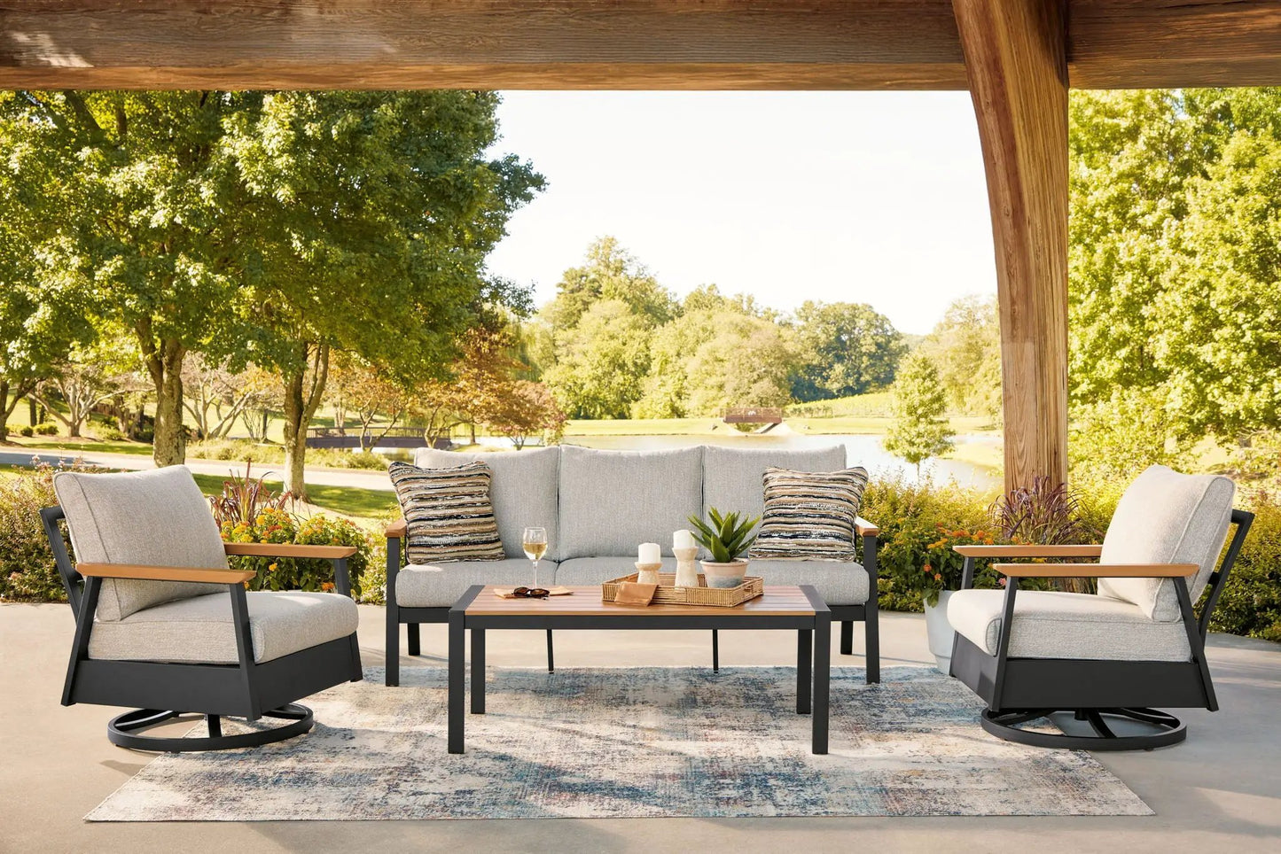 Carmel Highlands 4-Piece Outdoor Set dark brown frame with beige cushions, sofa, chairs, table on Tampa Home & Garden Store