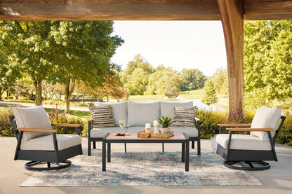 Carmel Highlands 4-Piece Outdoor Set dark brown frame with beige cushions, sofa, chairs, table on Tampa Home & Garden Store