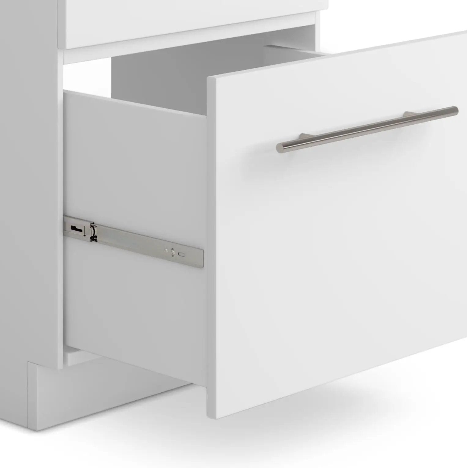Metro laundry cabinet vanity white with metal handle; open drawer shows interior and slide on Tampa Home & Garden Store