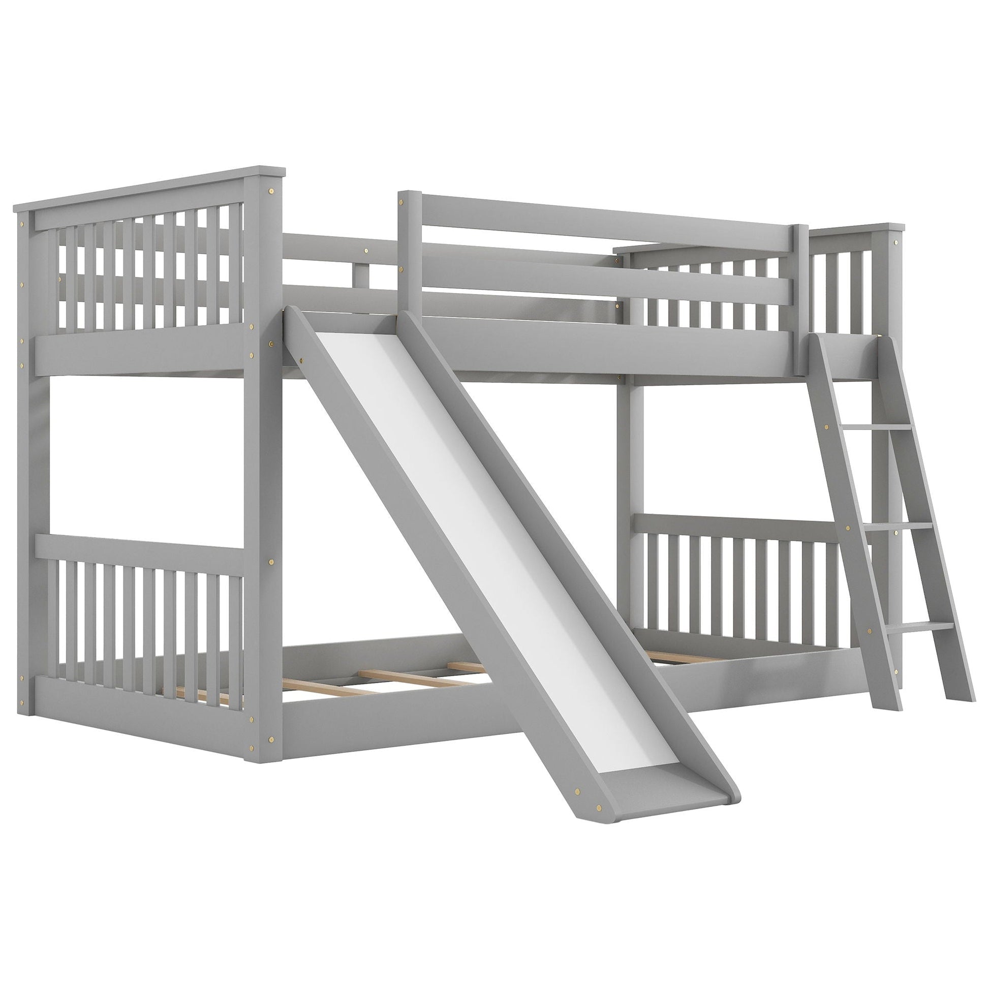 Bunk bed with convertible slide and ladder by HouseOfZazla in gray wood, upper bunk guard rails on Tampa Home & Garden Store