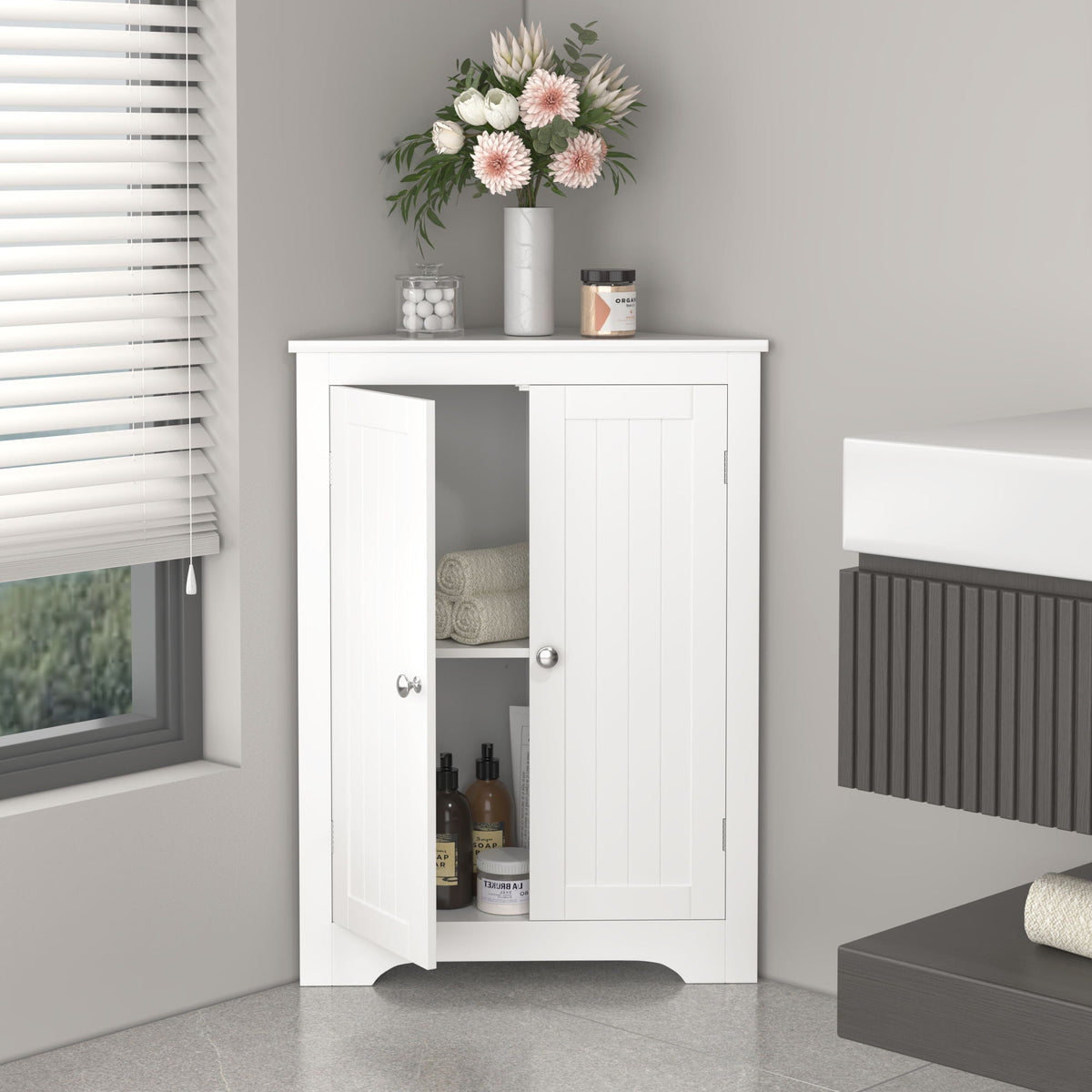 Corner cabinet with 2 doors and adjustable shelves, white finish storage HouseOfZazla on Tampa Home & Garden Store