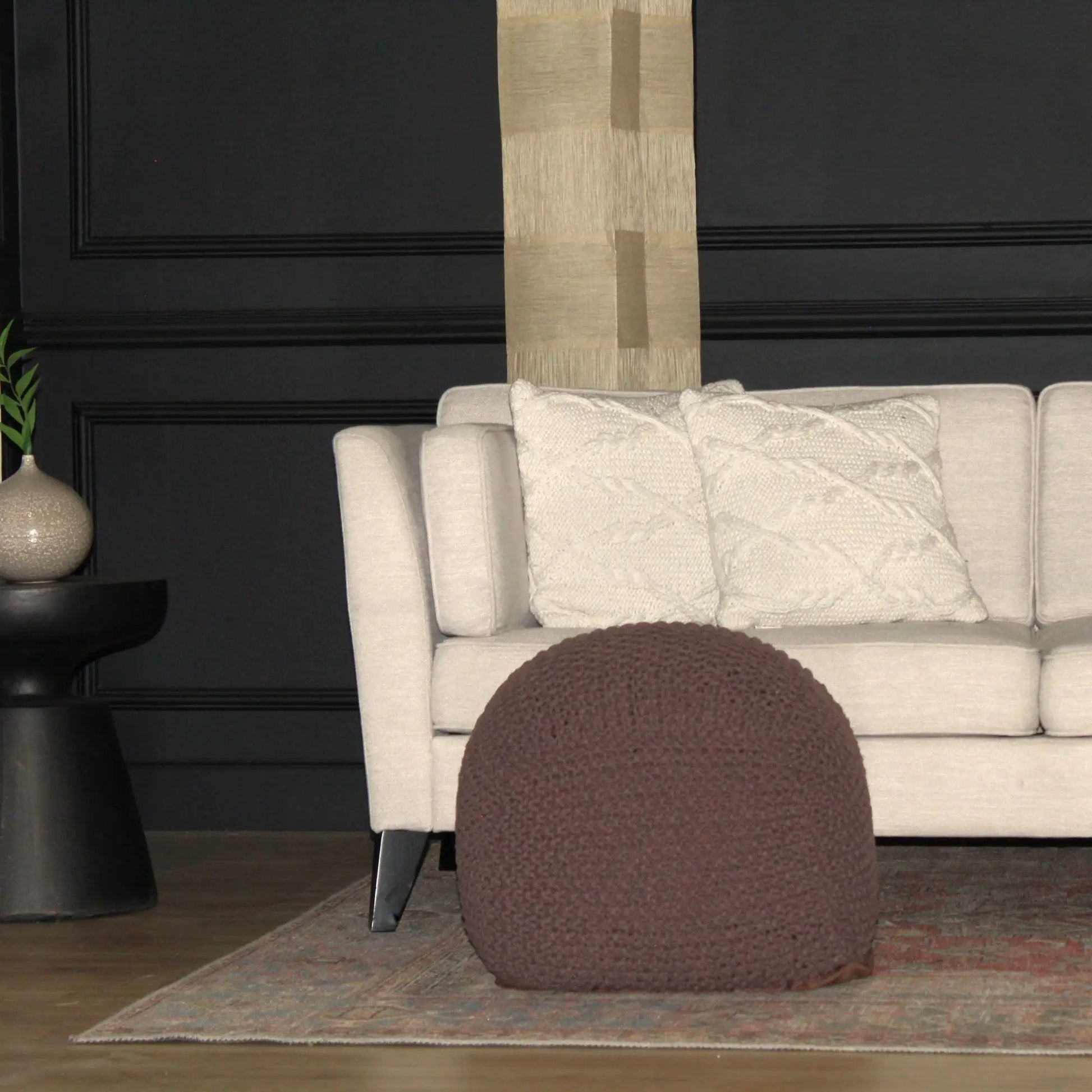 Semi Rounded Cable-Knit Pouf in brown by Unique Piece Furniture, accent seating on Tampa Home & Garden Store